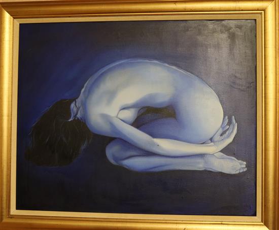 A modern oil on canvas, study of a kneeling nude, 60 x 76cm